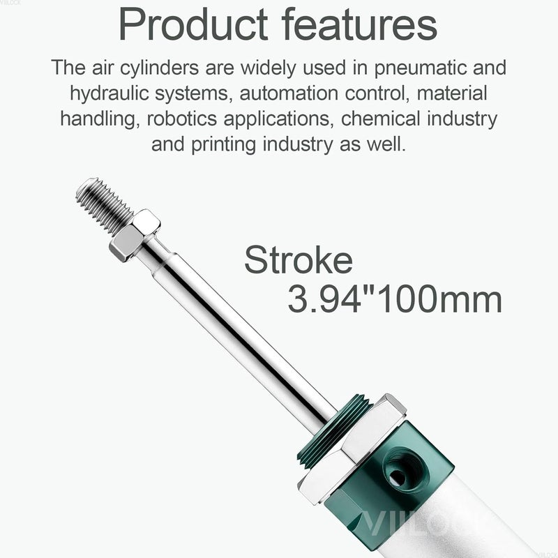 VIILOCK Pneumatic Air Cylinder 16mm Bore 100mm Stroke, Mini Air Cylinder Single Rod Double Action MAL 16 X 100 - Image 3